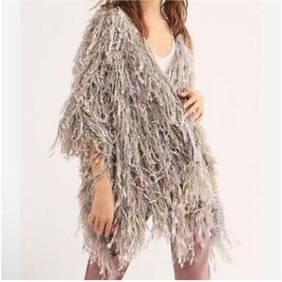Free People Womens One Size Fairytale Fringe Kimono Metallic Gold Threads - Picture 1 of 9